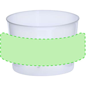A clear plastic cup with a circular shape and a smooth finish. It has a faint logo on one side.