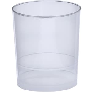 A clear plastic cup with a simple design, featuring a smooth exterior and a round shape.