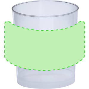A clear plastic cup featuring a green section around its midsection. The cup is designed for drinkware use.