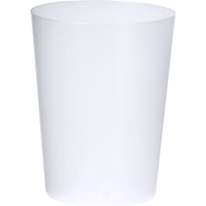 A plastic cup in a translucent white colour with a simple design and a branding logo.