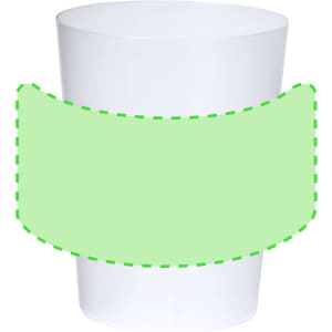 A white plastic cup featuring a simple green band around its middle. The cup has a smooth, glossy finish.