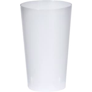 A plastic cup in translucent white, featuring a simple design and a smooth finish. It has a branding logo.