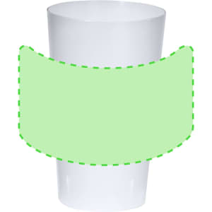 A white plastic cup with a blank green section around the middle, featuring a logo on one side.