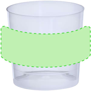 A clear plastic cup featuring a blank green label around its midsection. Suitable for various drinks.