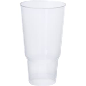 A plastic cup in a transparent design with a tapered base, featuring a logo. Ideal for various beverages.