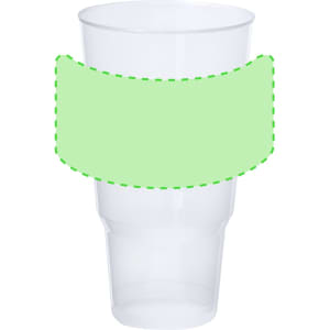 A plastic cup with a transparent design, featuring a green sleeve for branding or decoration.