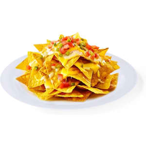 A plate of golden nachos topped with melted cheese, diced tomatoes, and green chillies, arranged in a pyramid shape.