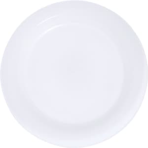 A white plate with a smooth surface and a slight raised edge, featuring a logo on the underside.