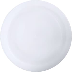 A white plate with a smooth, glossy surface, featuring a slight raised edge and a central design.