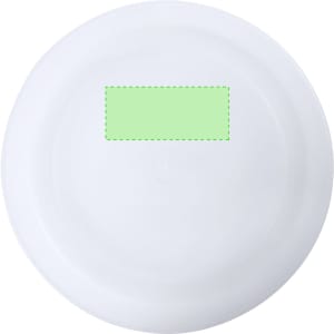 A round, white plate with a smooth surface and a subtle green accent area. It features a logo in the centre.