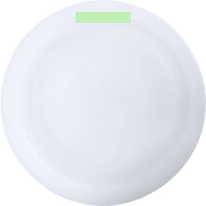 A white plate featuring a subtle green accent, designed for home use. Includes a logo.