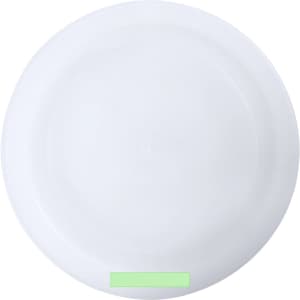 A white circular plate with a smooth surface and a branding logo. Suitable for various dining occasions.