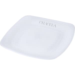 A square white plate with a glossy finish and a logo in one corner. Ideal for serving food or decorative use.