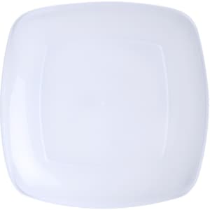 A square, white plate with a smooth surface and rounded corners. It features a subtle glossy finish and has a branding logo.
