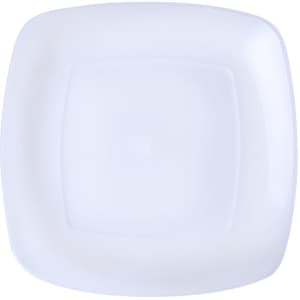A square, white serving plate with a smooth, glossy finish and rounded edges. It features a subtle logo.