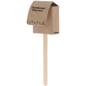 A seed lollipop in eco-friendly packaging, featuring a brown paper design with a wooden stick.