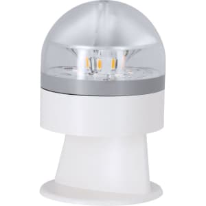 A white geolocated emergency light with a clear dome and silver base, featuring bright LED lights inside.