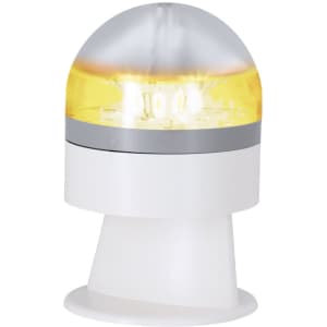 A geolocated emergency light in white and silver, featuring a dome-shaped yellow light. Includes a logo.