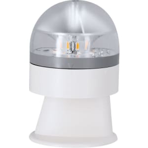 A white emergency light with a silver dome and LED bulbs, featuring a logo on the base.