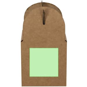 A brown cardboard flowerpot with a green window panel, featuring a logo on the front.
