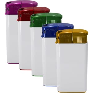 A collection of five lighters in pink, red, green, blue, and yellow, each with a white body and a branding logo.