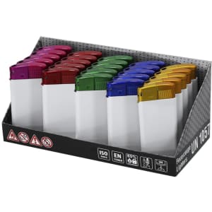A display of assorted Meilty lighters in purple, red, green, blue, and yellow, arranged neatly in a packaging tray.