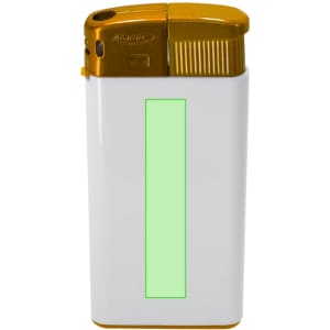 A white lighter with a gold top, featuring a blank green section and a logo on the side.
