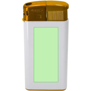 A white lighter with a gold top and side. It features a blank green area for customisation.