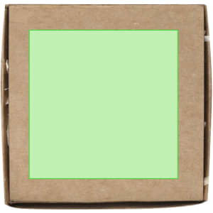 A brown cardboard box with a green square on the front, featuring a branding logo.