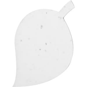 A white plantable paper shaped like a leaf, featuring flecks and a small stem.