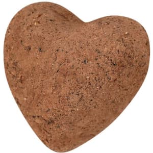A chocolate heart-shaped bonbon in a rich brown hue, featuring a textured surface and organic design.