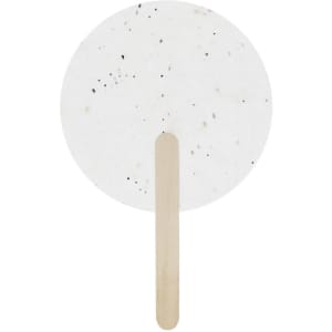 A round, white plantable pai pai featuring speckles, with a wooden handle. It has a branding logo.