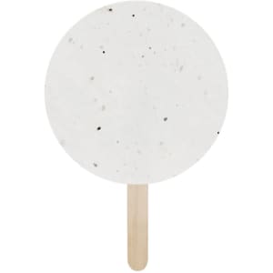 A round, white plantable pai pai with a wooden handle, featuring a speckled texture perfect for outdoor use.