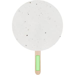 A round, white plantable Pai Pai with a wooden handle, featuring flecks of seeds embedded in the material.