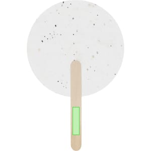 A round, white Pai Pai fan with a wooden handle and green accent, featuring small specks throughout.