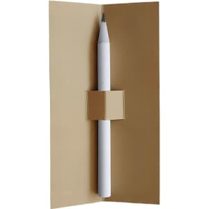 A grey lead pencil in a minimalist beige packaging with a logo. The pencil is white and unsharpened.