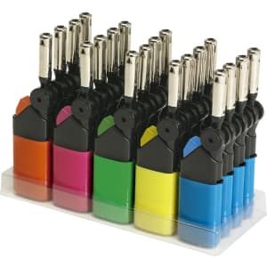 A display of colourful kitchen lighters in orange, pink, green, yellow, and blue, arranged in a tray.