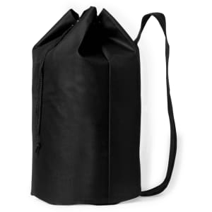 A black duffel bag with a drawstring closure and a shoulder strap. It features a simple design and has a logo.