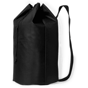 A black giant duffel bag with a drawstring closure and a shoulder strap, featuring a logo.