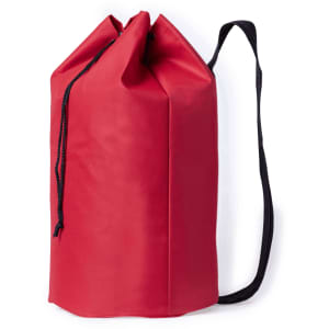 A red giant duffel bag with a drawstring closure and a black shoulder strap. It features a logo.