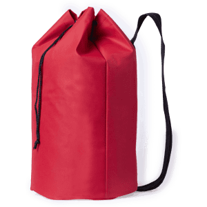 A red duffel bag with a drawstring closure and a black shoulder strap, featuring a logo.