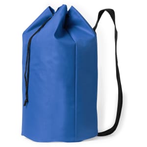 A blue duffel bag with a drawstring closure and a black shoulder strap, featuring a logo.