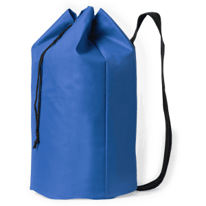 A blue giant duffel bag with a drawstring closure and a black strap. It features a simple design with a logo.