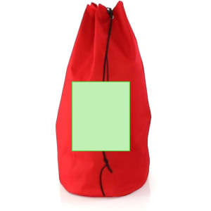 A large red duffel bag with a drawstring closure and a prominent blank area for customization.