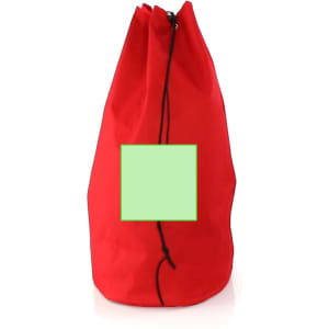 A red giant duffel bag with a drawstring closure and a blank green square area for customisation.
