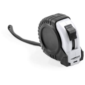 A tape measure with a black and white exterior, featuring a retractable tape and a smooth-grip design.