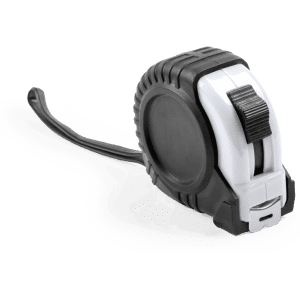 A black and white tape measure with a retractable mechanism, featuring a sturdy casing and a measuring tape.