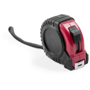 A red and black tape measure with a textured grip and a metal end for measuring. It features a logo on the body.