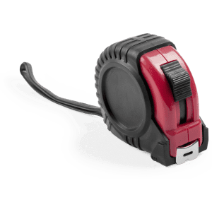 A tape measure with a black and red casing, featuring a retractable measuring tape.