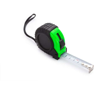 A green and black tape measure with a measuring tape extended and attached wrist strap. It features a logo.
